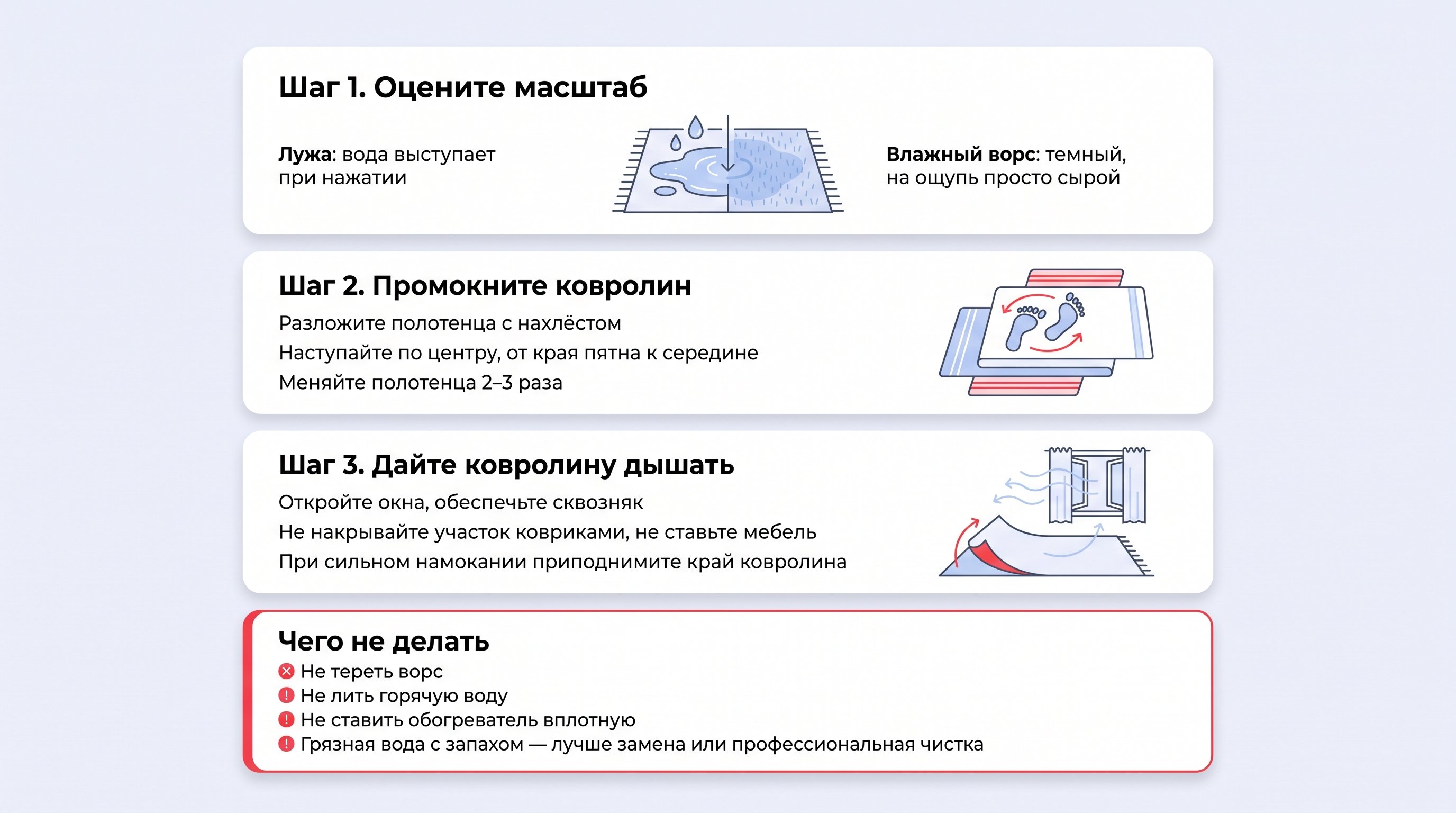 Вертикальная наглядная памятка с четырьмя шагами, каждый в своей горизонтальной полосе с небольшой иконкой: оценка масштаба, промакивание полотенцами, приподнятие ковролина и