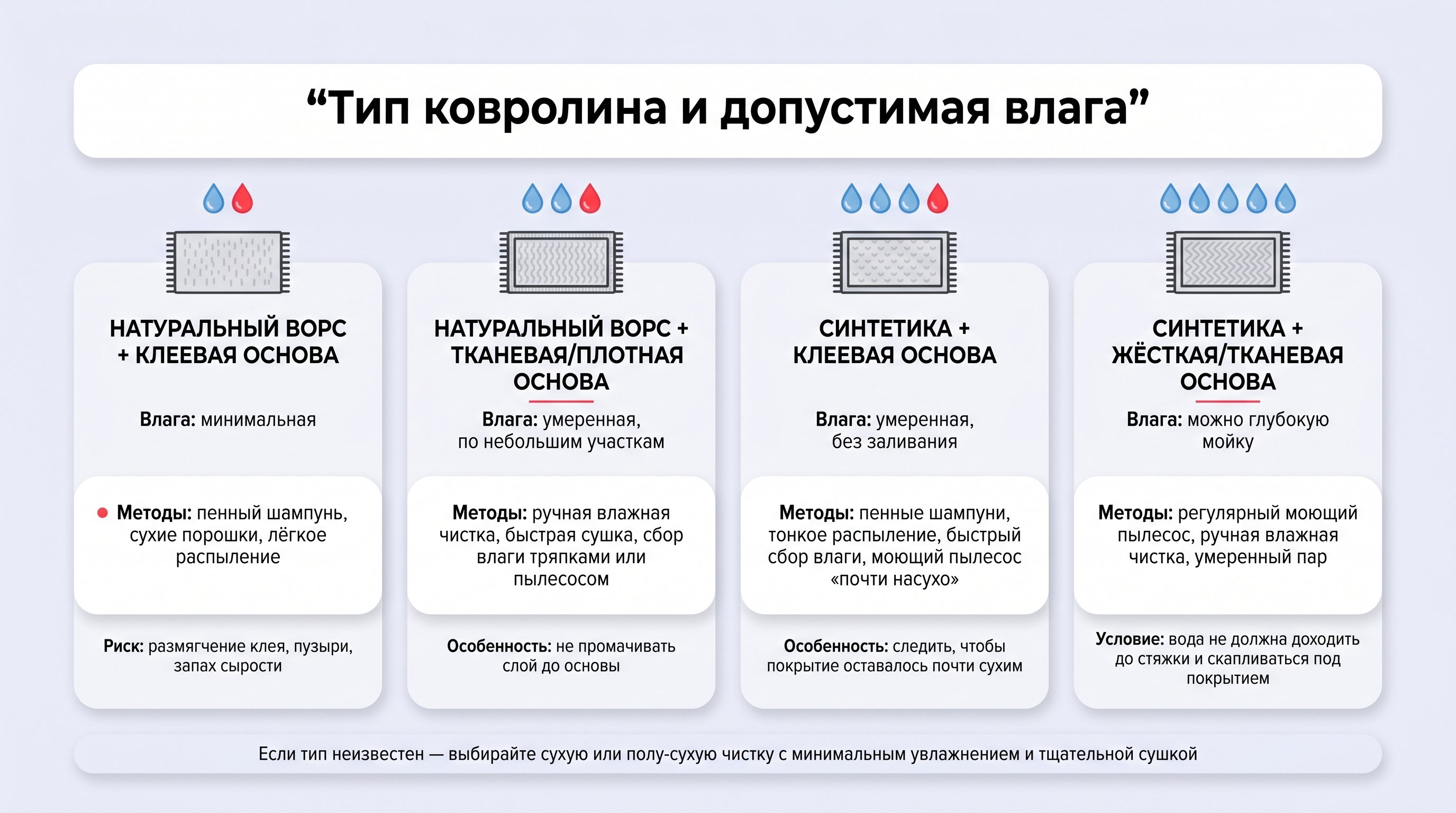 Горизонтальная схема из четырёх столбцов с иконками ковролина и каплями воды над каждым, показывающая допустимую степень увлажнения для разных комбинаций «ворс + основа». Сверху