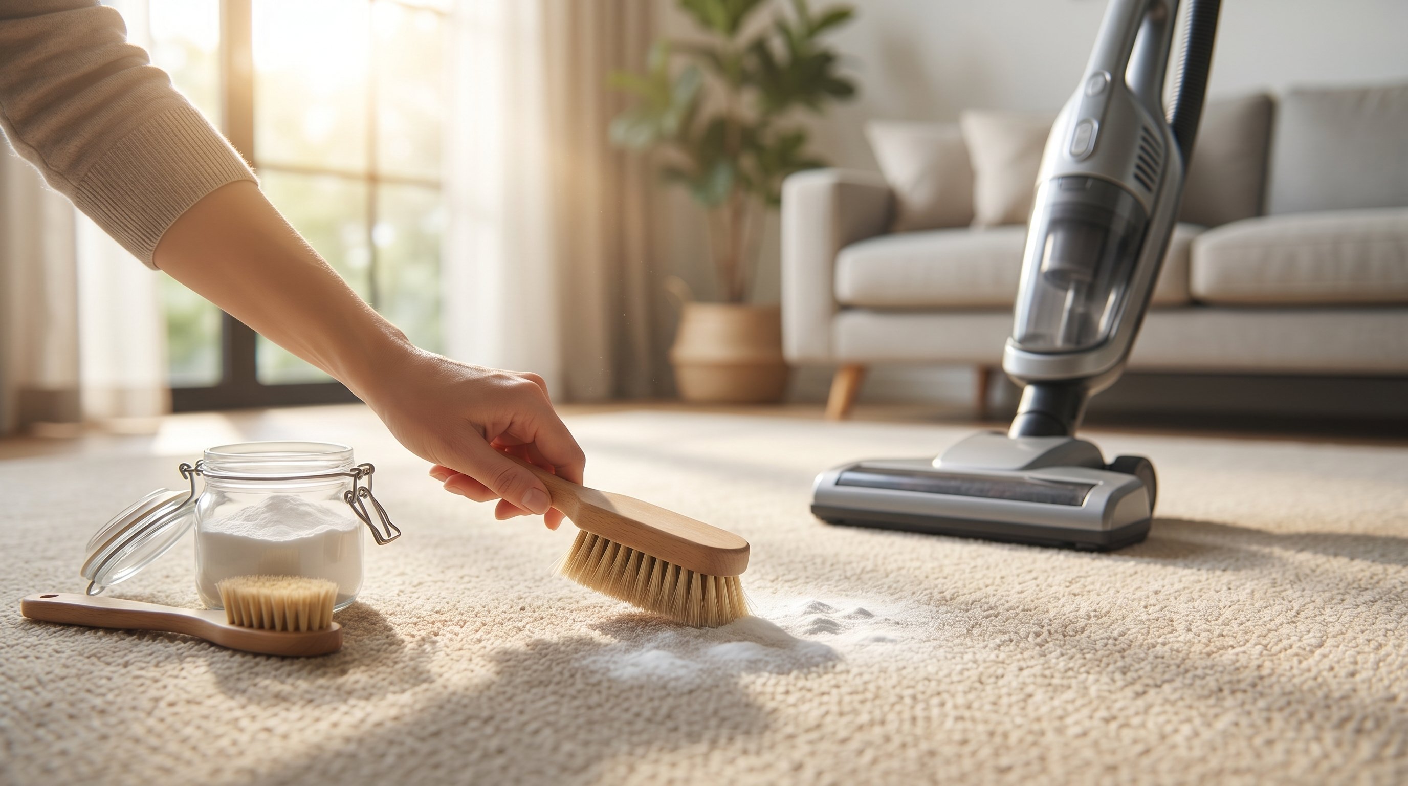 Современная светлая комната с настеленным ковролином нейтрального оттенка. На переднем плане на участке ковролина равномерно рассыпана белая порошкообразная сода, рядом стоит