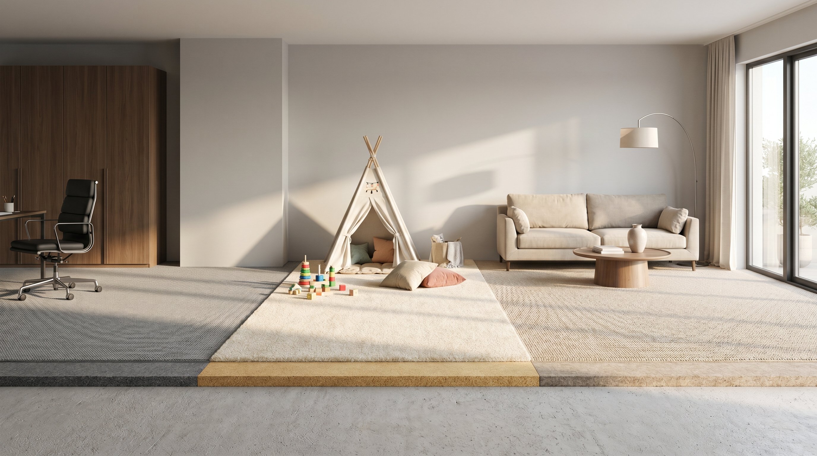 Комната, разделённая на три условные зоны одним полом с ковролином: слева угол с массивным шкафом и офисным креслом на колёсиках, под ковролином в разрезе видно тонкий плотный